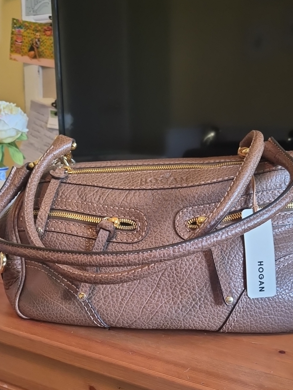 Hogan Brown Pebbled Leather Shoulder Bag with Gold Hardware